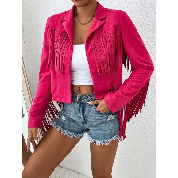 boho cowboy Fringe Trim Open Front Jacket vegan suede hot pink - Picture 3 of 11